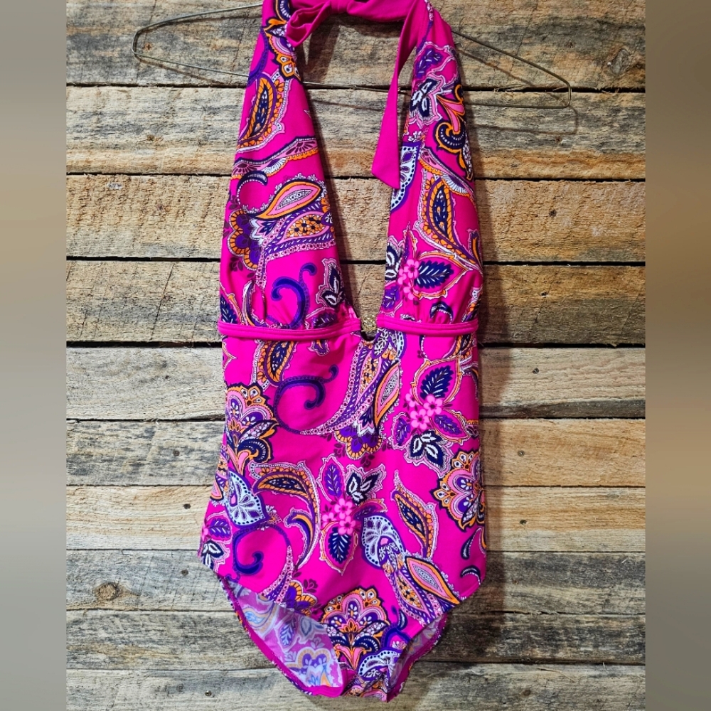 Jaclyn Smith Pink and Purple Paisley One Piece Swimsuit